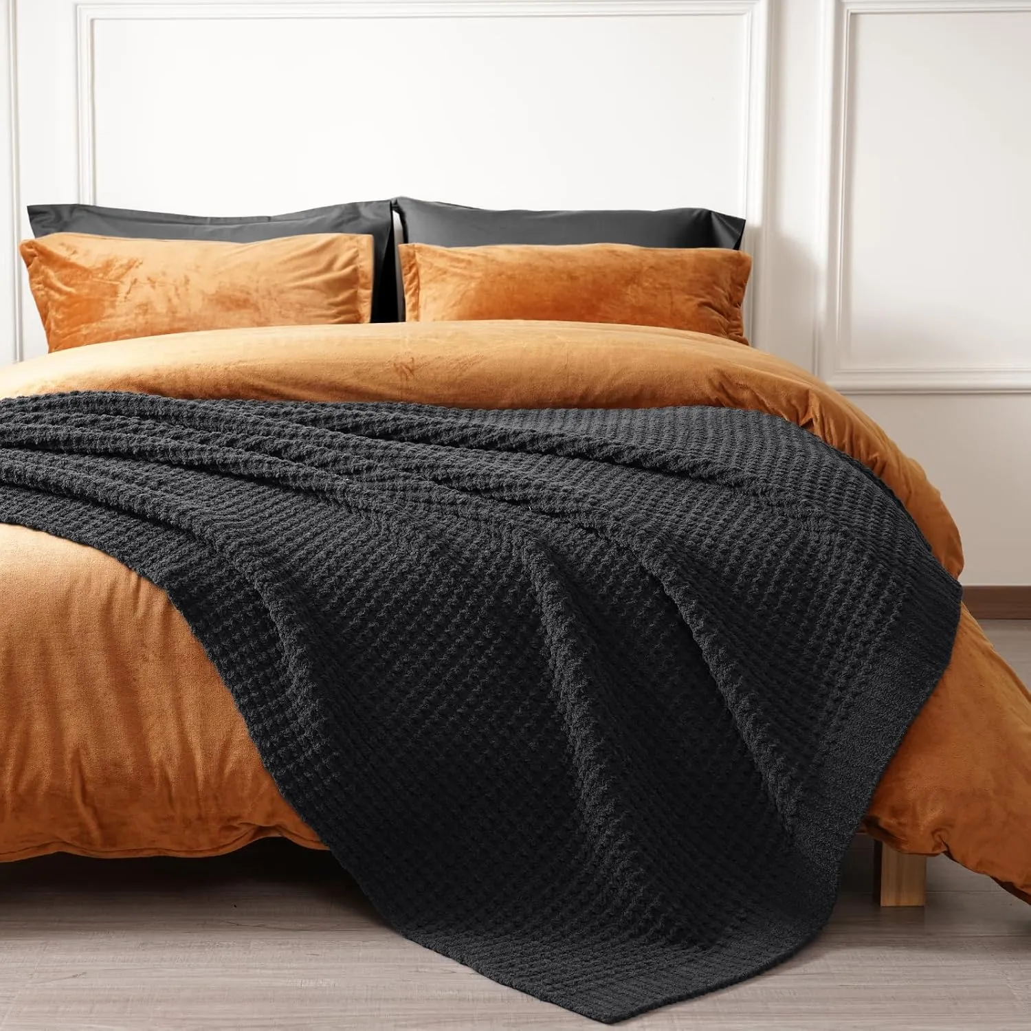 PHF Chenille Waffle Knit Blanket Twin Size- Plush Warm & Cozy 60" x 80" Ultra Soft Blanket- Chunky Fluffy Waffle Bedding for Home Decor - Charcoal Grey