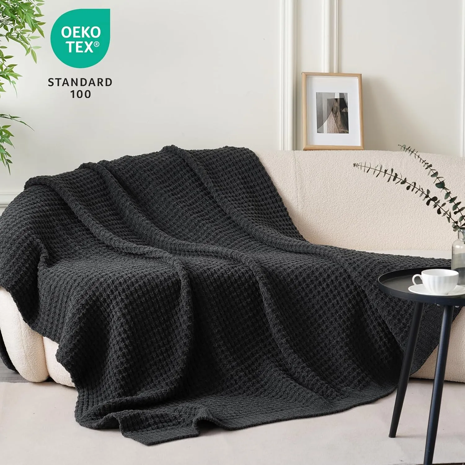 PHF Chenille Waffle Knit Blanket Twin Size- Plush Warm & Cozy 60" x 80" Ultra Soft Blanket- Chunky Fluffy Waffle Bedding for Home Decor - Charcoal Grey