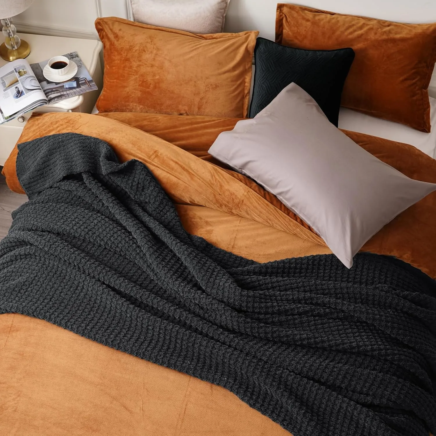 PHF Chenille Waffle Knit Blanket Twin Size- Plush Warm & Cozy 60" x 80" Ultra Soft Blanket- Chunky Fluffy Waffle Bedding for Home Decor - Charcoal Grey