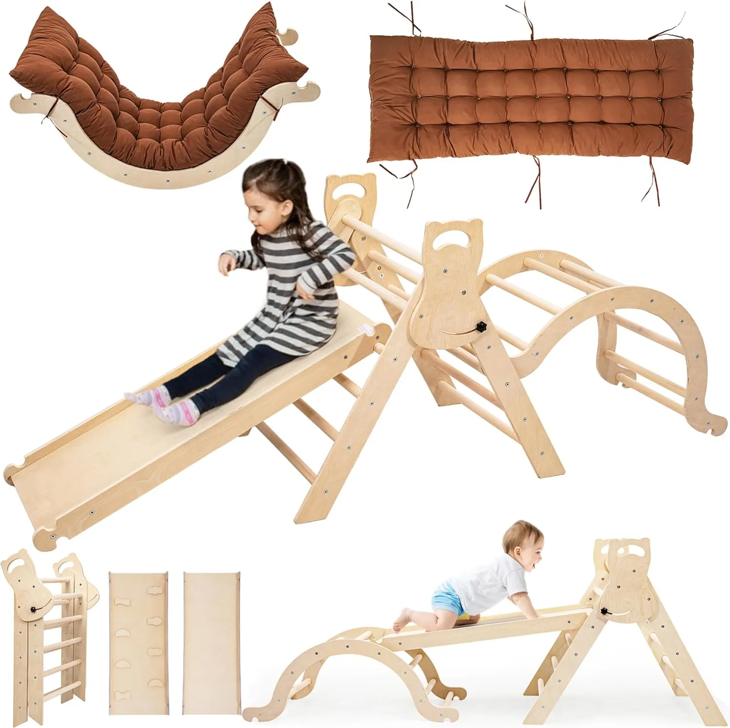 Pikler Triangle Set with Cushion, Arch and Slide, Toddler Climbing Toys Indoor Playground, Montessori Climbing Set, Indoor Jungle Gym, Wooden Pickler-3 Piece Climbing Gym for Kids 1.5-6yr