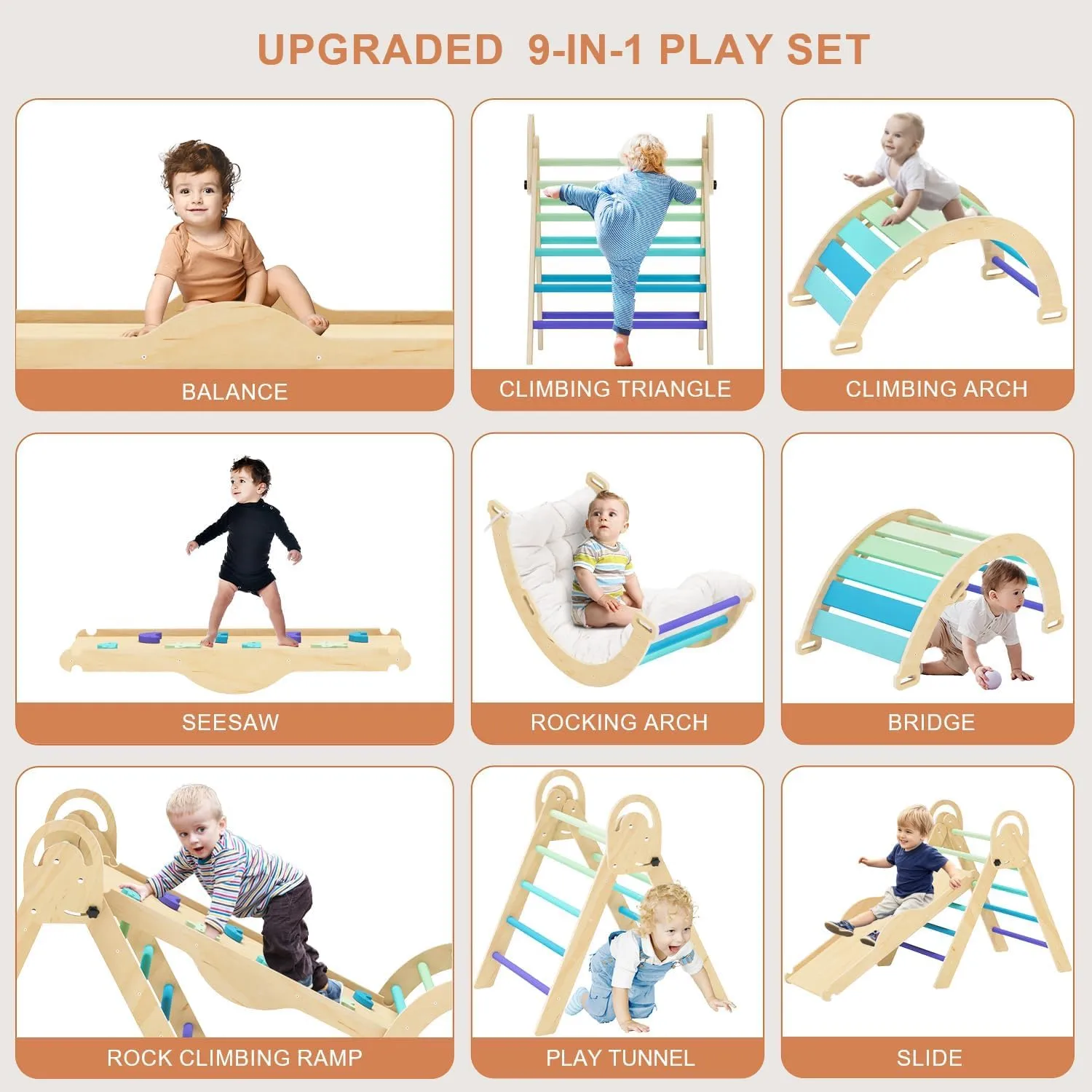 Pikler Triangle Set with Cushion, Climbing Toys for Toddlers 1-3 Inside Toddler Climbing Toys Indoor, Baby Climbing Gym, Montessori Climbing Set, 9 Combinations Indoor Playground Jungle Gyms