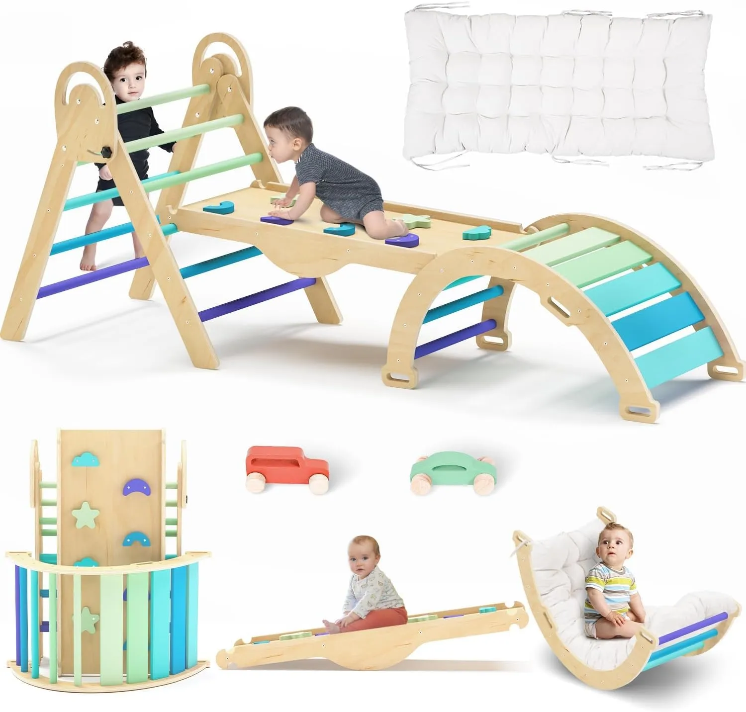 Pikler Triangle Set with Cushion, Climbing Toys for Toddlers 1-3 Inside Toddler Climbing Toys Indoor, Baby Climbing Gym, Montessori Climbing Set, 9 Combinations Indoor Playground Jungle Gyms