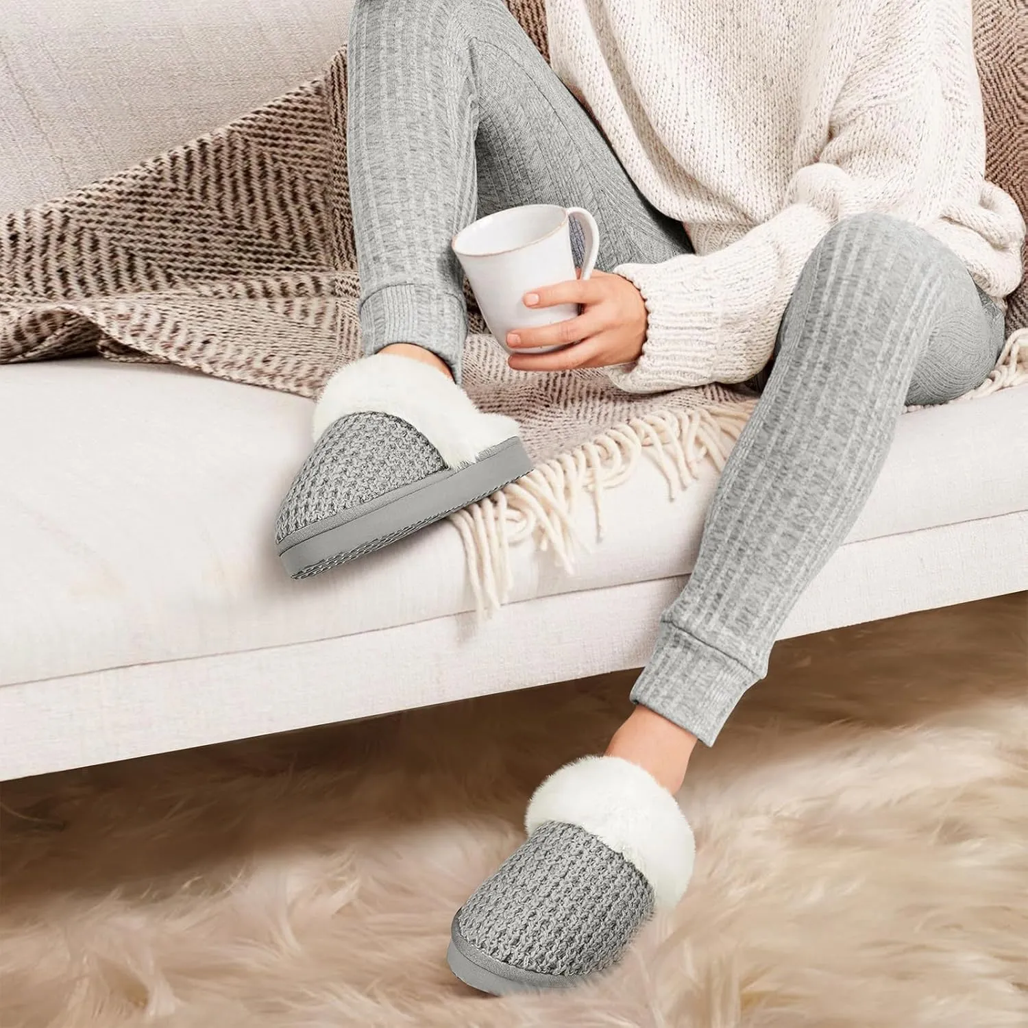 PIZZ ANNU Women's Platform Knit Slippers Comfy Winter Warm Fluffy Memory Foam Slip-On Scuff Faux Fur Plush House Slides Shoes for Indoor & Outdoor