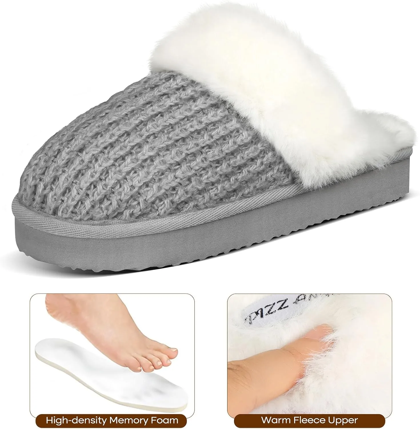 PIZZ ANNU Women's Platform Knit Slippers Comfy Winter Warm Fluffy Memory Foam Slip-On Scuff Faux Fur Plush House Slides Shoes for Indoor & Outdoor