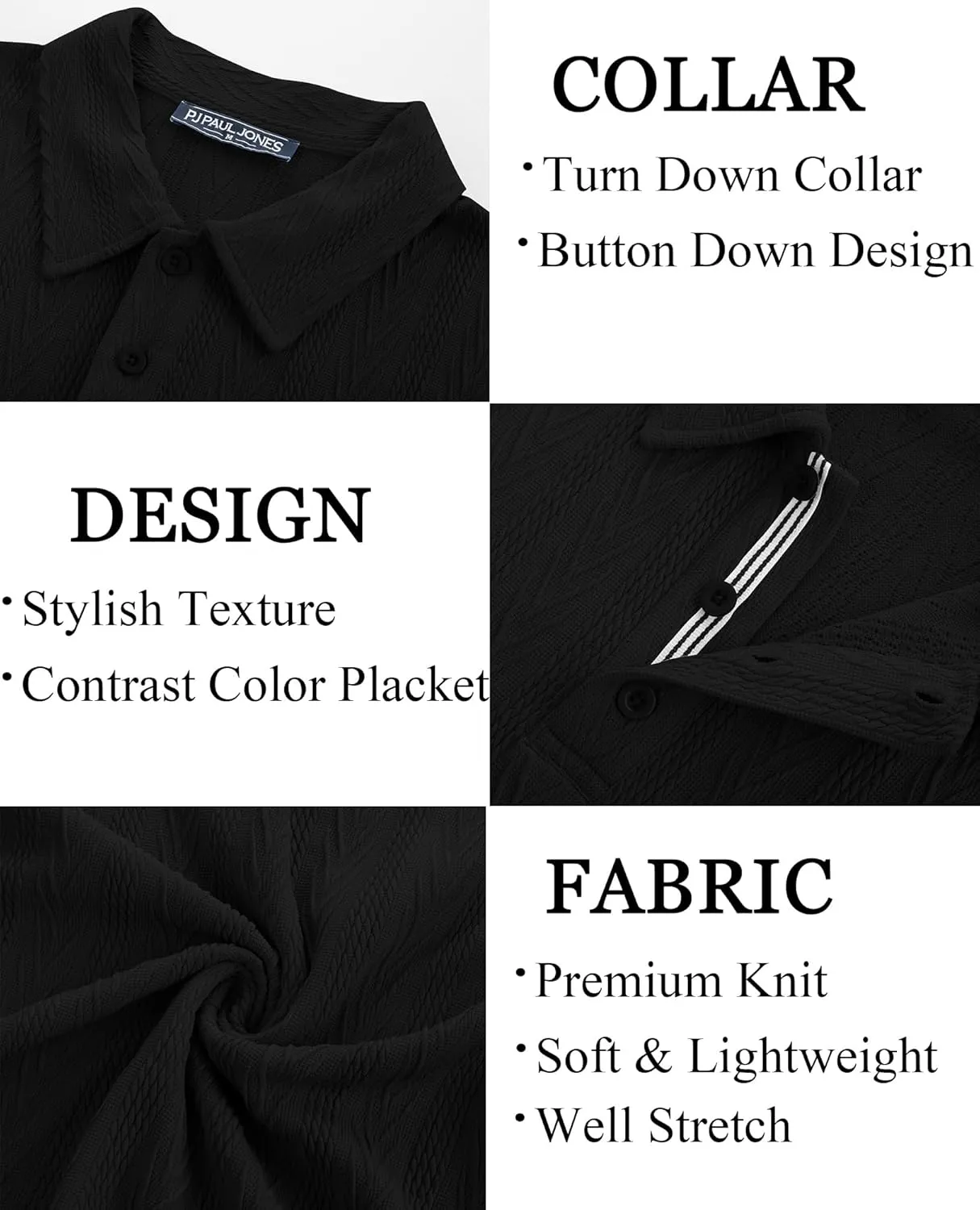 PJ PAUL JONES Men's Textured Knit Polo Shirt Short Sleeve Regular Fit Stretch Collared Summer Shirts