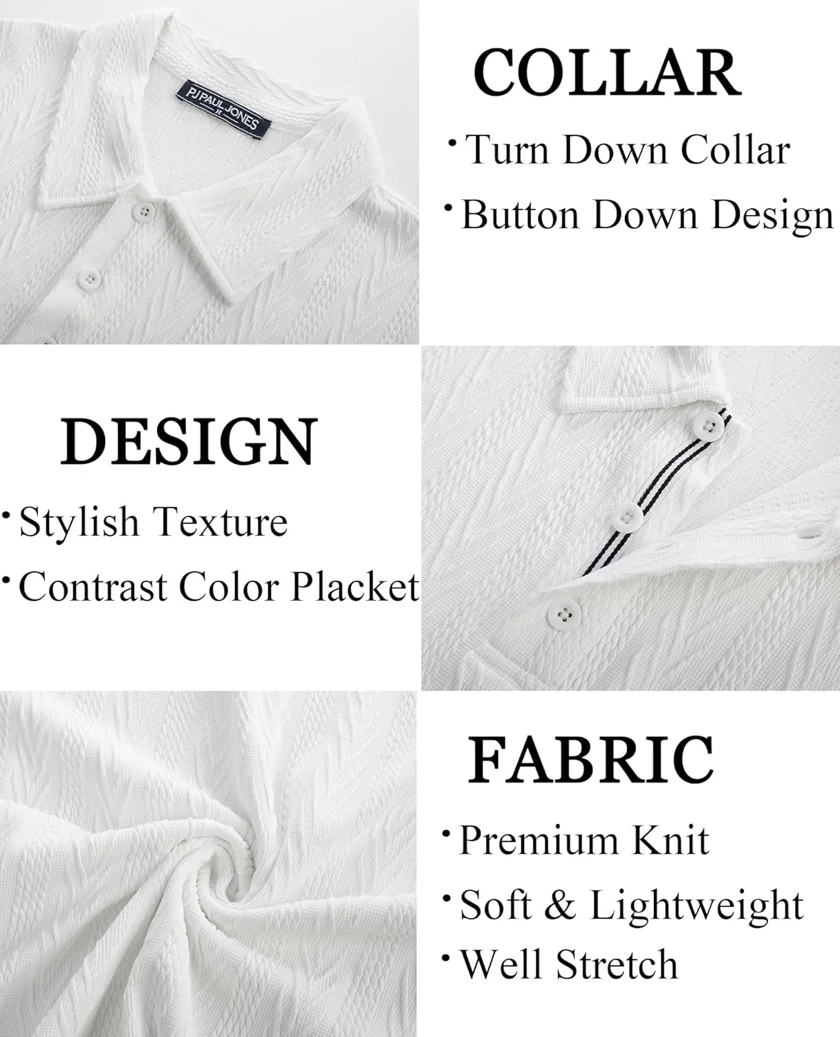 PJ PAUL JONES Men's Textured Knit Polo Shirt Short Sleeve Regular Fit Stretch Collared Summer Shirts