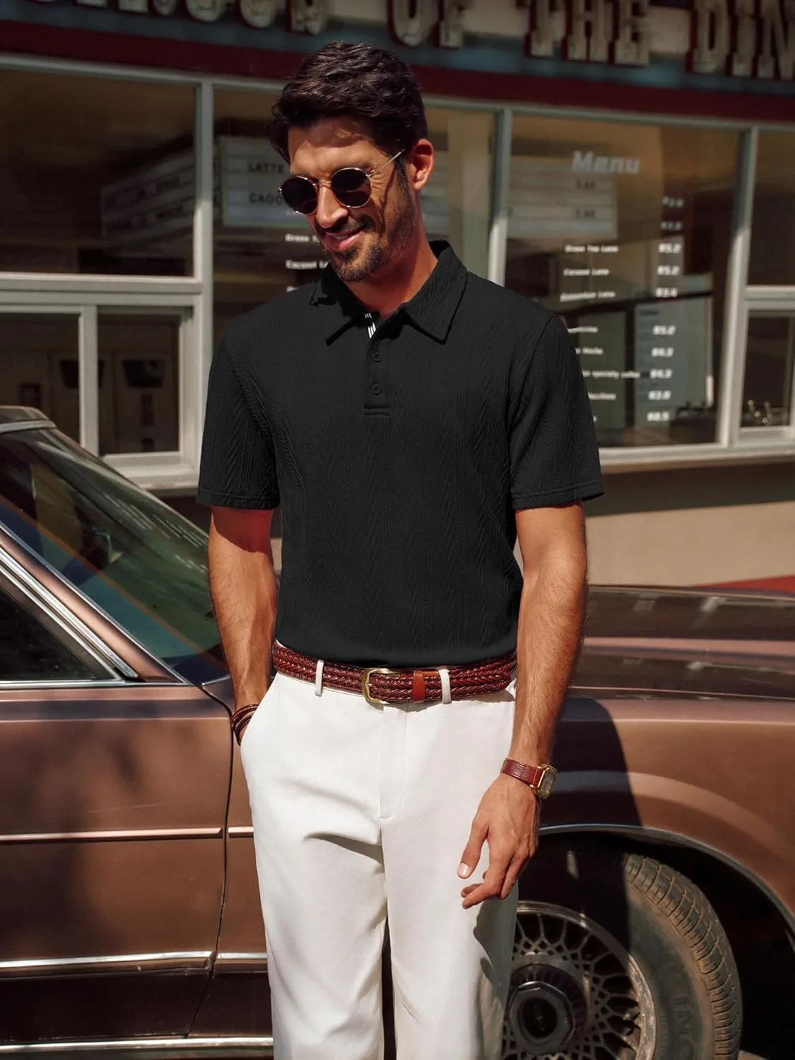 PJ PAUL JONES Men's Textured Knit Polo Shirt Short Sleeve Regular Fit Stretch Collared Summer Shirts