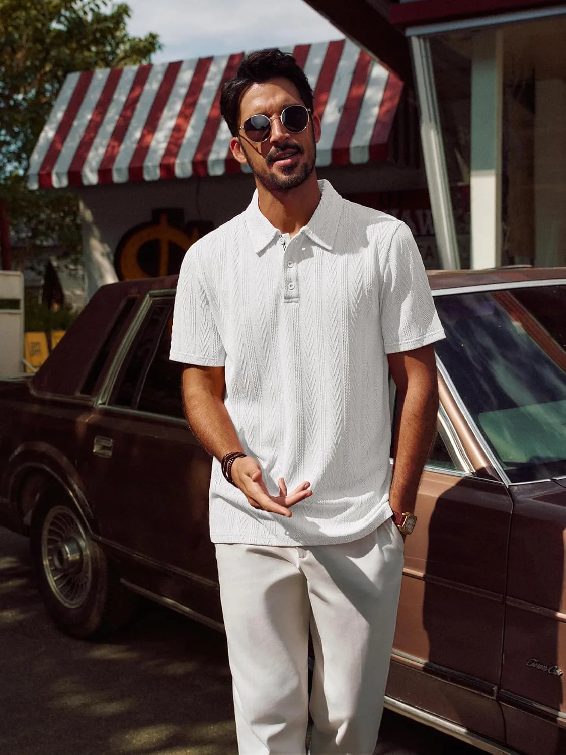 PJ PAUL JONES Men's Textured Knit Polo Shirt Short Sleeve Regular Fit Stretch Collared Summer Shirts