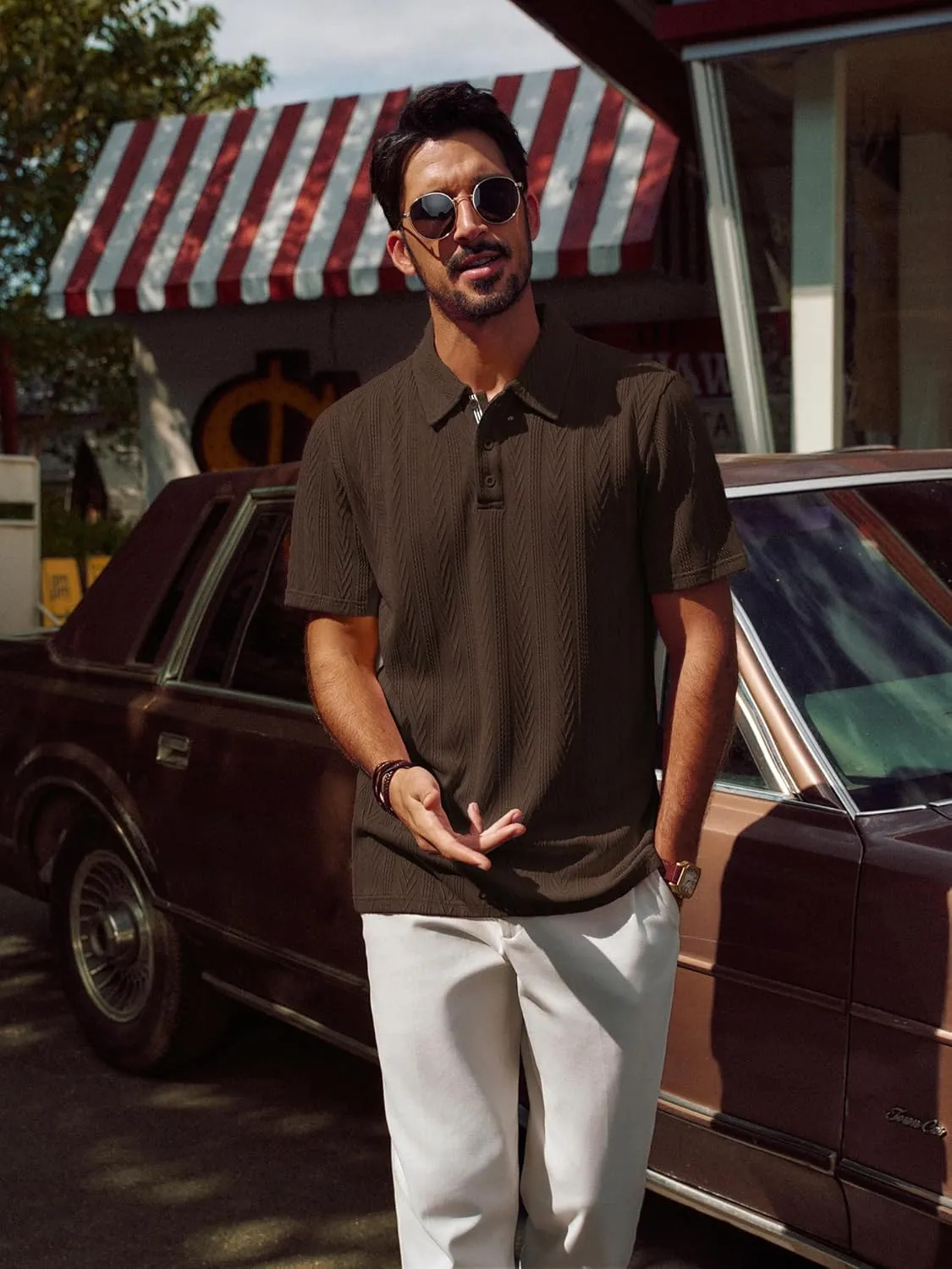 PJ PAUL JONES Men's Textured Knit Polo Shirt Short Sleeve Regular Fit Stretch Collared Summer Shirts
