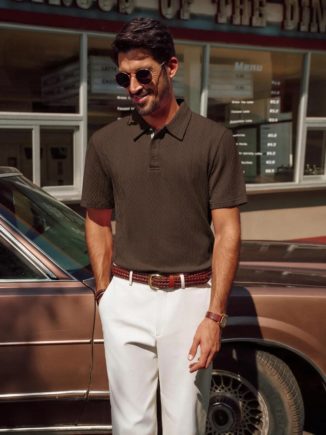 PJ PAUL JONES Men's Textured Knit Polo Shirt Short Sleeve Regular Fit Stretch Collared Summer Shirts