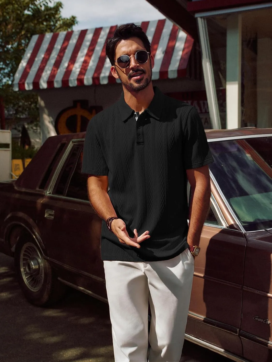 PJ PAUL JONES Men's Textured Knit Polo Shirt Short Sleeve Regular Fit Stretch Collared Summer Shirts