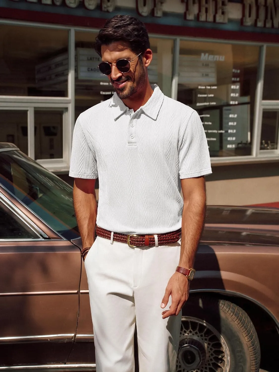PJ PAUL JONES Men's Textured Knit Polo Shirt Short Sleeve Regular Fit Stretch Collared Summer Shirts