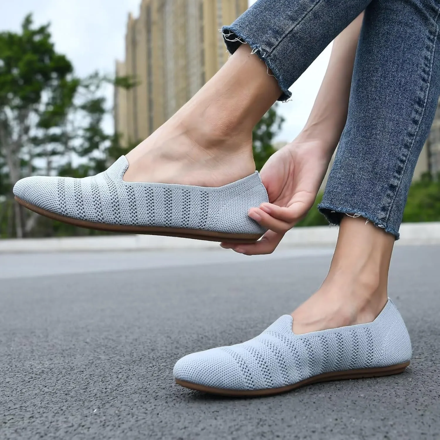 poemlady Women’s Ballet Flat Shoes Dress Shoes Knit Round Toe Slip On Ballerina Walking Flats Shoes for Woman Low Wedge Casual