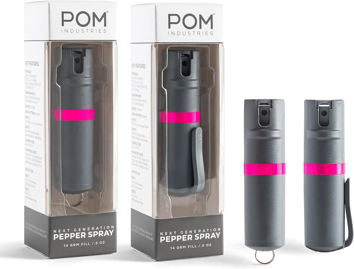 POM Pepper Spray Combo Pack, Keychain & Clip Model, Max Police Strength OC Formula, Quick Key Release, Flip Top Safety, 10 ft Range, 25 Bursts, 0.5 fl oz, Compact Tactical Design for Everyday Carry