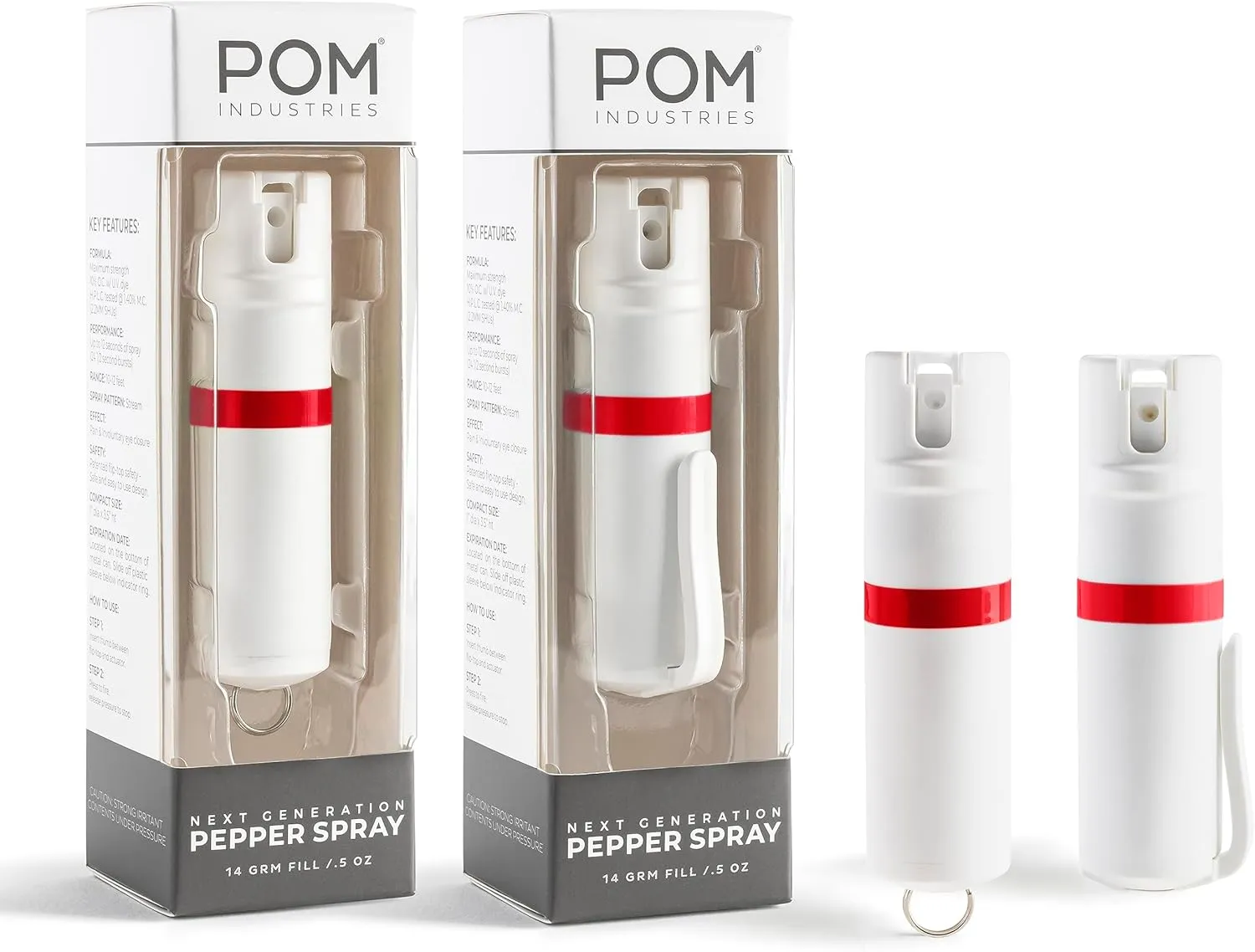 POM Pepper Spray Combo Pack, Keychain & Clip Model, Max Police Strength OC Formula, Quick Key Release, Flip Top Safety, 10 ft Range, 25 Bursts, 0.5 fl oz, Compact Tactical Design for Everyday Carry