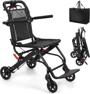 Portable Folding Wheelchair for Travel - 13lbs Lightweight, Quick-Fold Design, Airplane & Car Friendly, 286lbs Capacity, Safety Belt, Flip-Up Armrests, Includes Carrying Bag Black