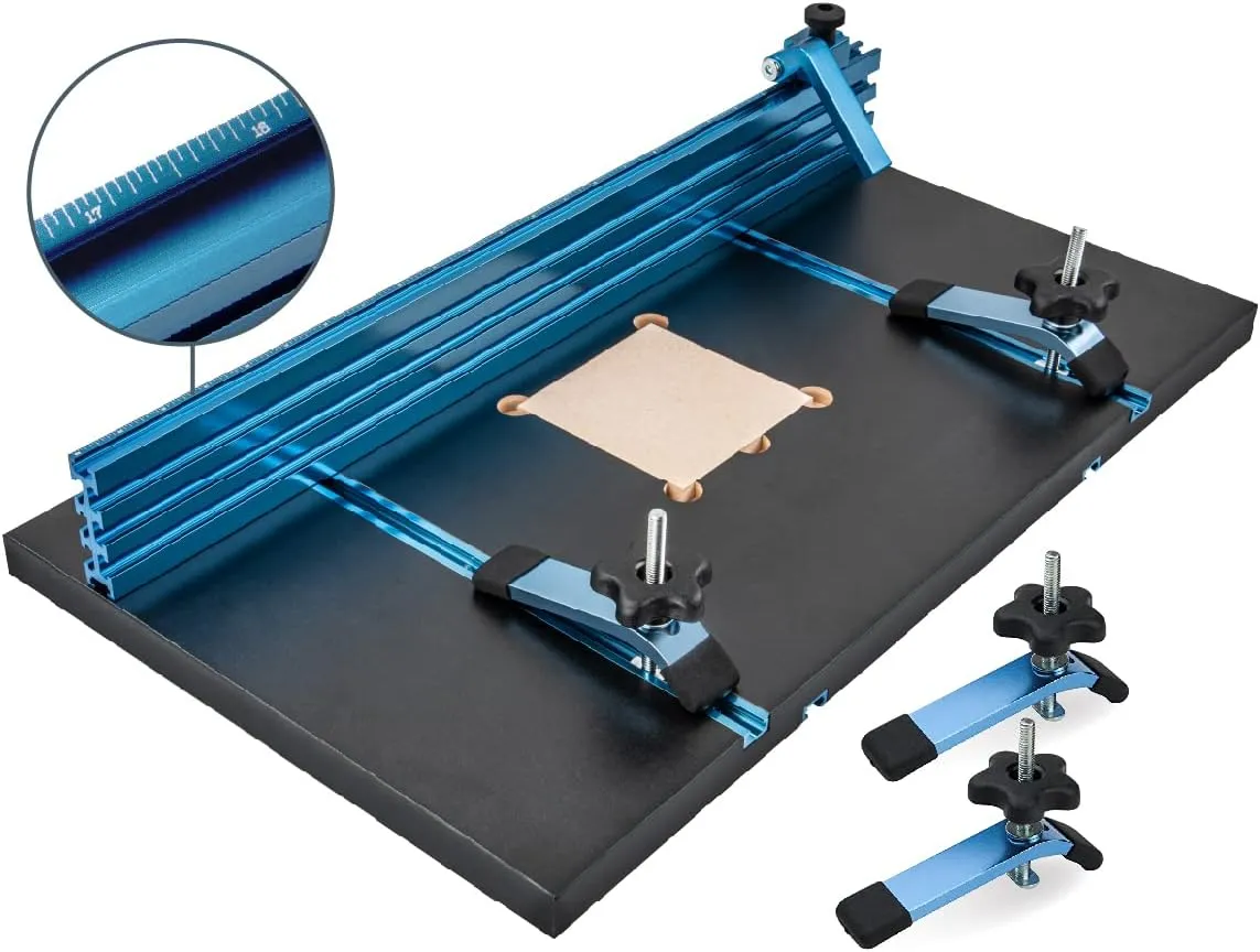 POWERTEC Drill Press Table Accessories Kit w/T Track Drill Press Fence 14"x24",Laser Etched Scale, Clamps, Adjustable Inserts w/Knob, Flip Stops, Table Fence, Fits Tables 12" Above - 71539
