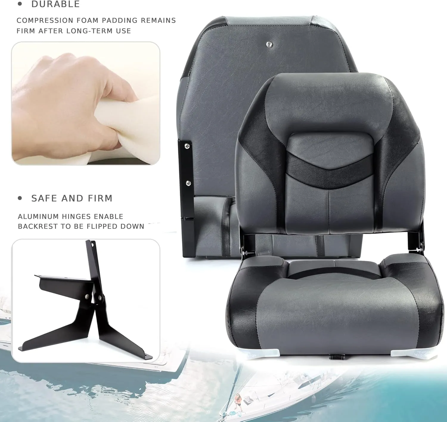 Premium Marine Low Back Folding Boat Seat,Stainless Steel Screws Included