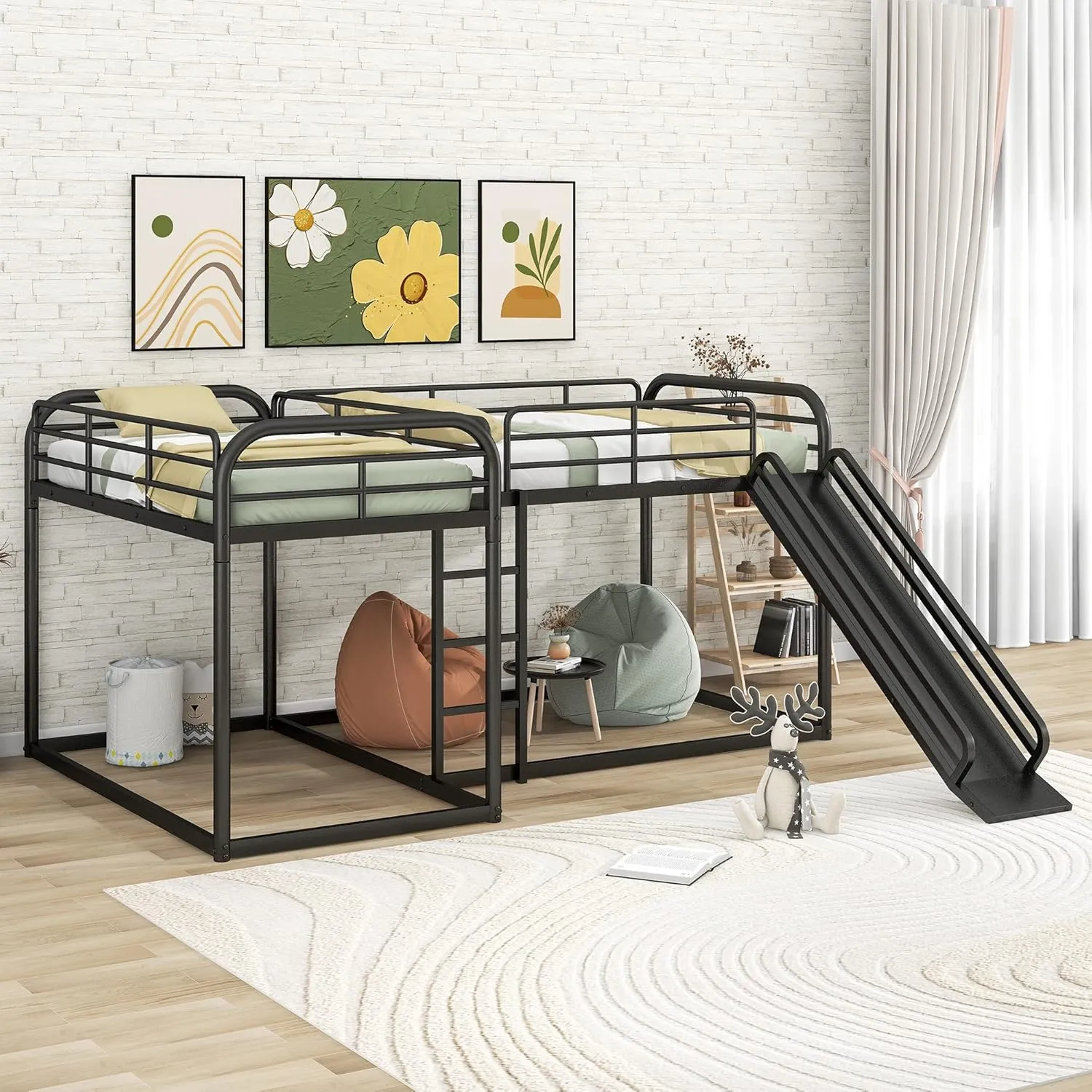 Quad Bunk Beds with Slide L-Shape Bunk Bed for 4 Metal Twin and Full Bunk Bed Frame for Kids Boys Girls Teens, Noise-Free, Black