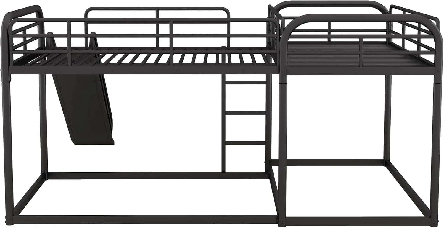 Quad Bunk Beds with Slide L-Shape Bunk Bed for 4 Metal Twin and Full Bunk Bed Frame for Kids Boys Girls Teens, Noise-Free, Black