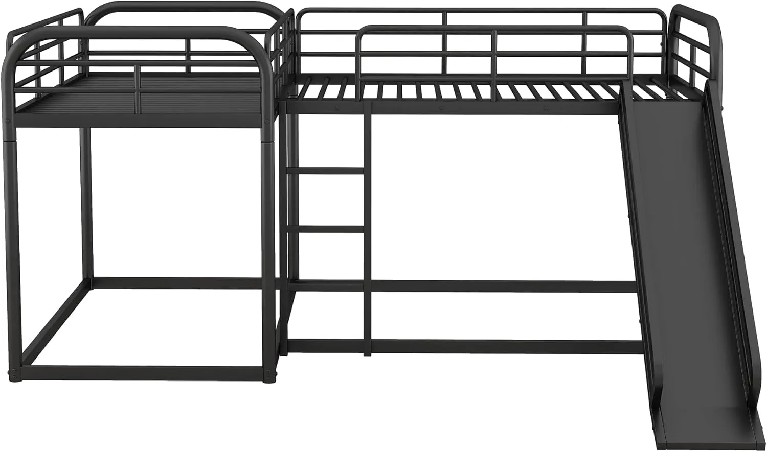 Quad Bunk Beds with Slide L-Shape Bunk Bed for 4 Metal Twin and Full Bunk Bed Frame for Kids Boys Girls Teens, Noise-Free, Black