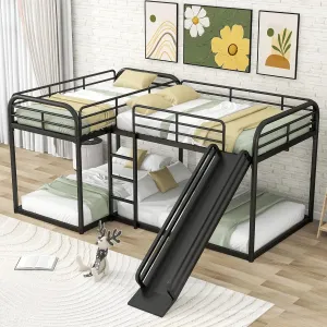 Quad Bunk Beds with Slide L-Shape Bunk Bed for 4 Metal Twin and Full Bunk Bed Frame for Kids Boys Girls Teens, Noise-Free, Black