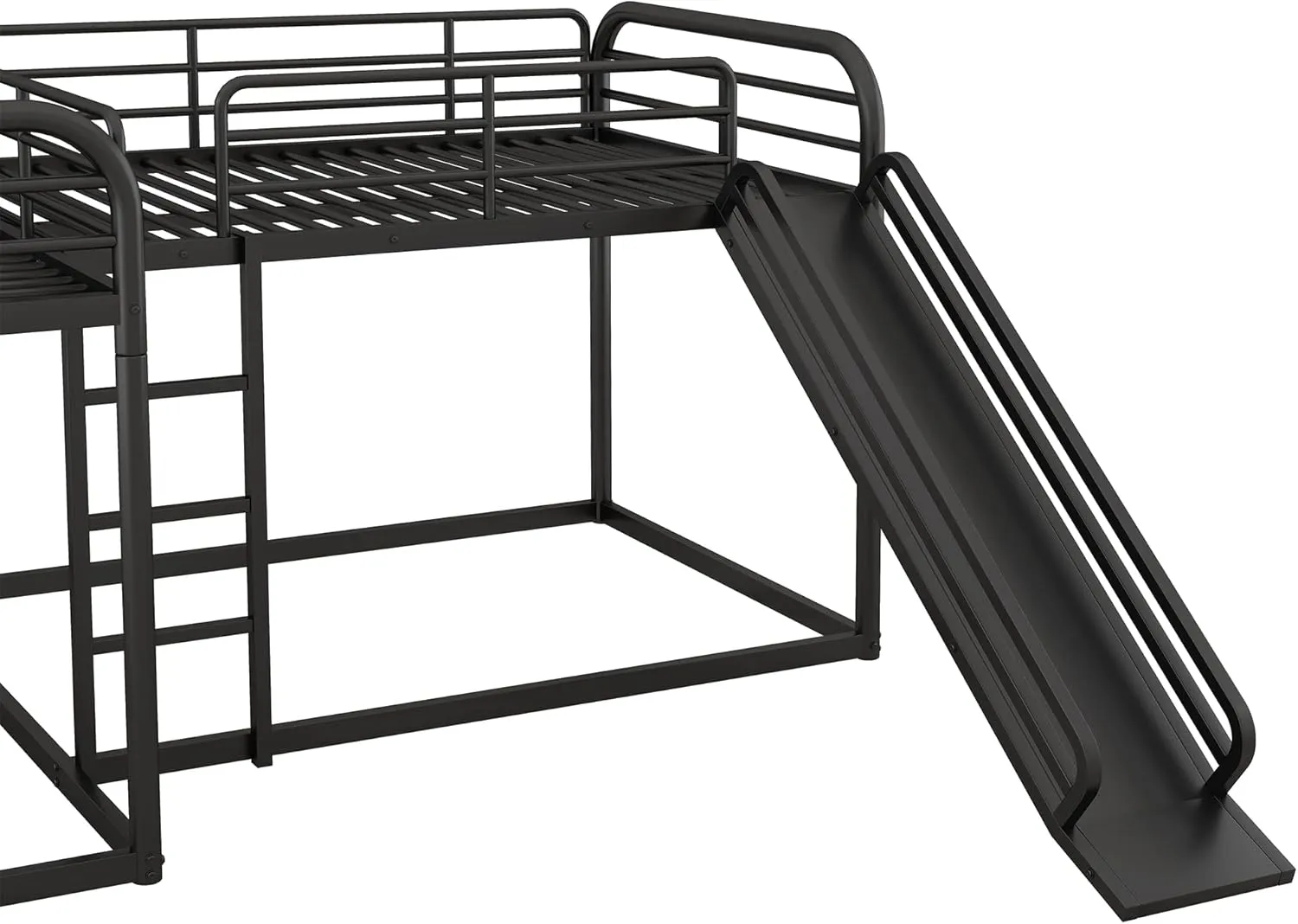 Quad Bunk Beds with Slide L-Shape Bunk Bed for 4 Metal Twin and Full Bunk Bed Frame for Kids Boys Girls Teens, Noise-Free, Black