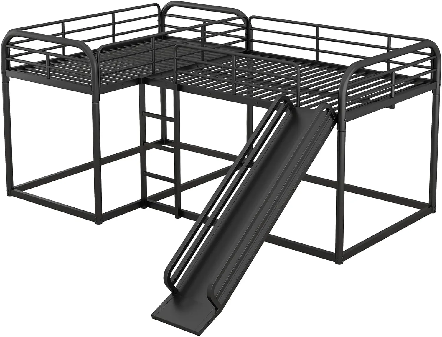 Quad Bunk Beds with Slide L-Shape Bunk Bed for 4 Metal Twin and Full Bunk Bed Frame for Kids Boys Girls Teens, Noise-Free, Black