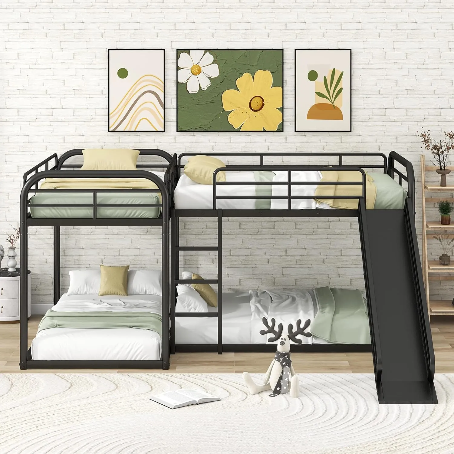 Quad Bunk Beds with Slide L-Shape Bunk Bed for 4 Metal Twin and Full Bunk Bed Frame for Kids Boys Girls Teens, Noise-Free, Black