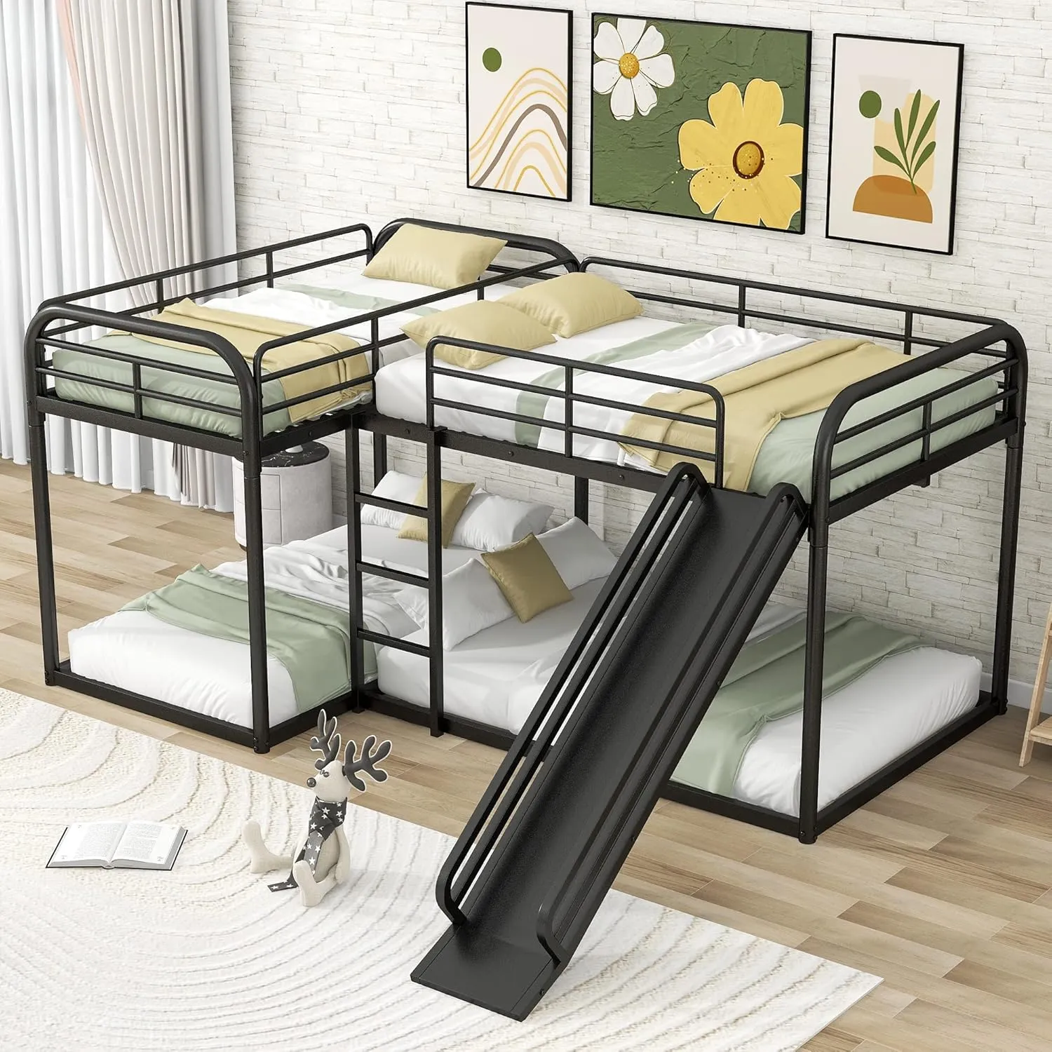 Quad Bunk Beds with Slide L-Shape Bunk Bed for 4 Metal Twin and Full Bunk Bed Frame for Kids Boys Girls Teens, Noise-Free, Black