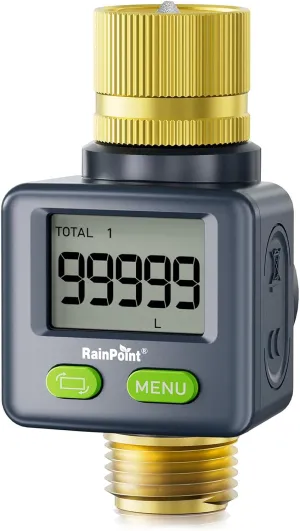 RAINPOINT Water Flow Meter with Brass Inlet & Outlet, 180° Screen-Flip Water Meter, Measure Gallon/Liter Consumption for RV Filling, Garden Watering, Sprinkler and Hoze Nozzle
