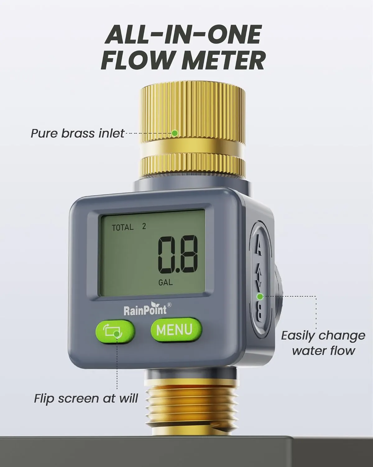 RAINPOINT Water Flow Meter with Brass Inlet & Outlet, 180° Screen-Flip Water Meter, Measure Gallon/Liter Consumption for RV Filling, Garden Watering, Sprinkler and Hoze Nozzle