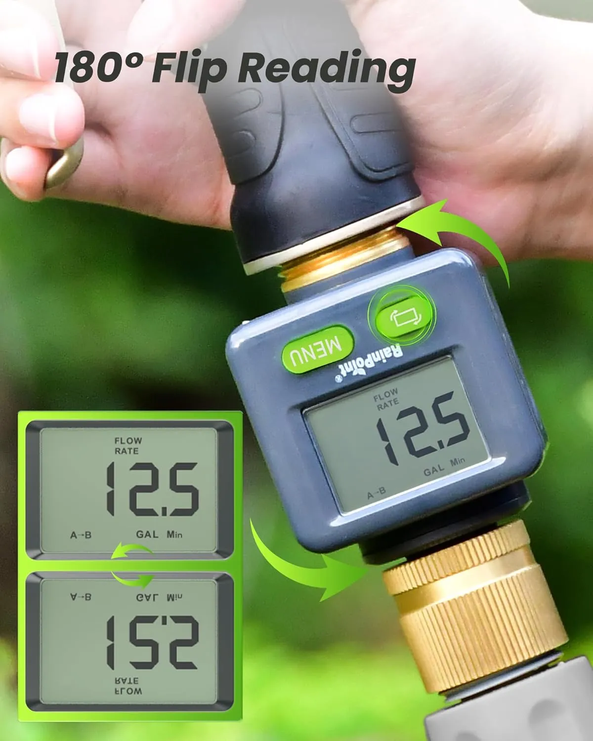 RAINPOINT Water Flow Meter with Brass Inlet & Outlet, 180° Screen-Flip Water Meter, Measure Gallon/Liter Consumption for RV Filling, Garden Watering, Sprinkler and Hoze Nozzle