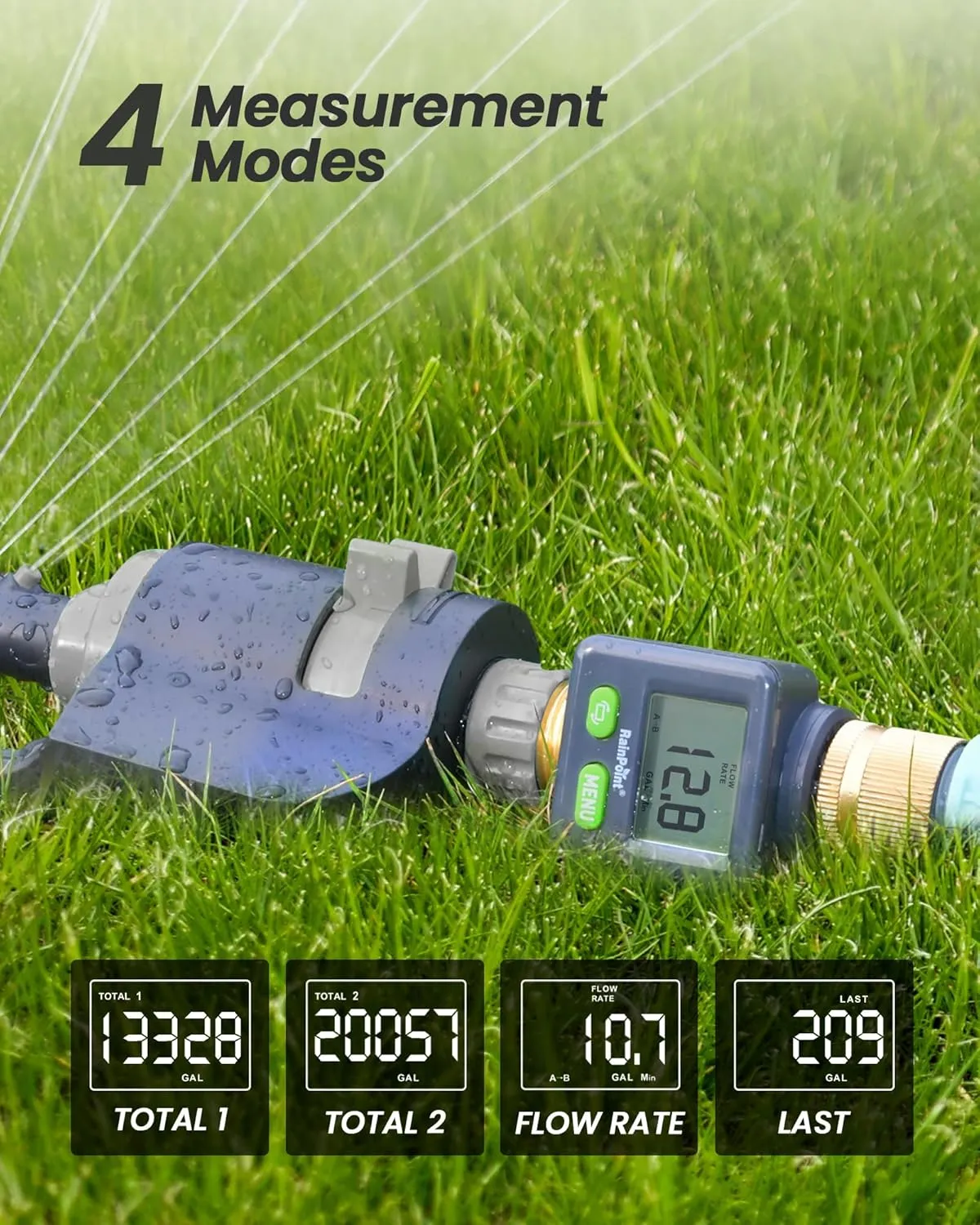 RAINPOINT Water Flow Meter with Brass Inlet & Outlet, 180° Screen-Flip Water Meter, Measure Gallon/Liter Consumption for RV Filling, Garden Watering, Sprinkler and Hoze Nozzle