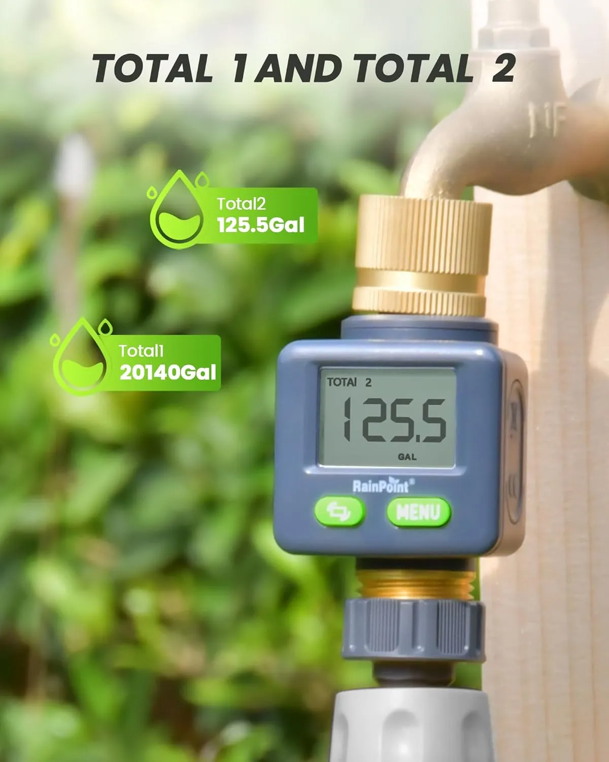 RAINPOINT Water Flow Meter with Brass Inlet & Outlet, 180° Screen-Flip Water Meter, Measure Gallon/Liter Consumption for RV Filling, Garden Watering, Sprinkler and Hoze Nozzle
