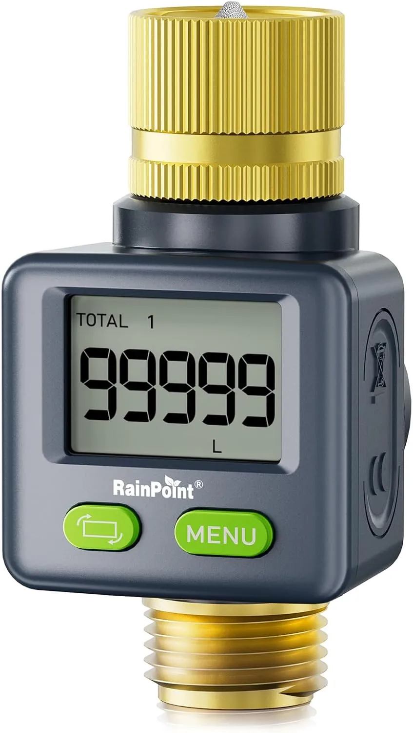 RAINPOINT Water Flow Meter with Brass Inlet & Outlet, 180° Screen-Flip Water Meter, Measure Gallon/Liter Consumption for RV Filling, Garden Watering, Sprinkler and Hoze Nozzle