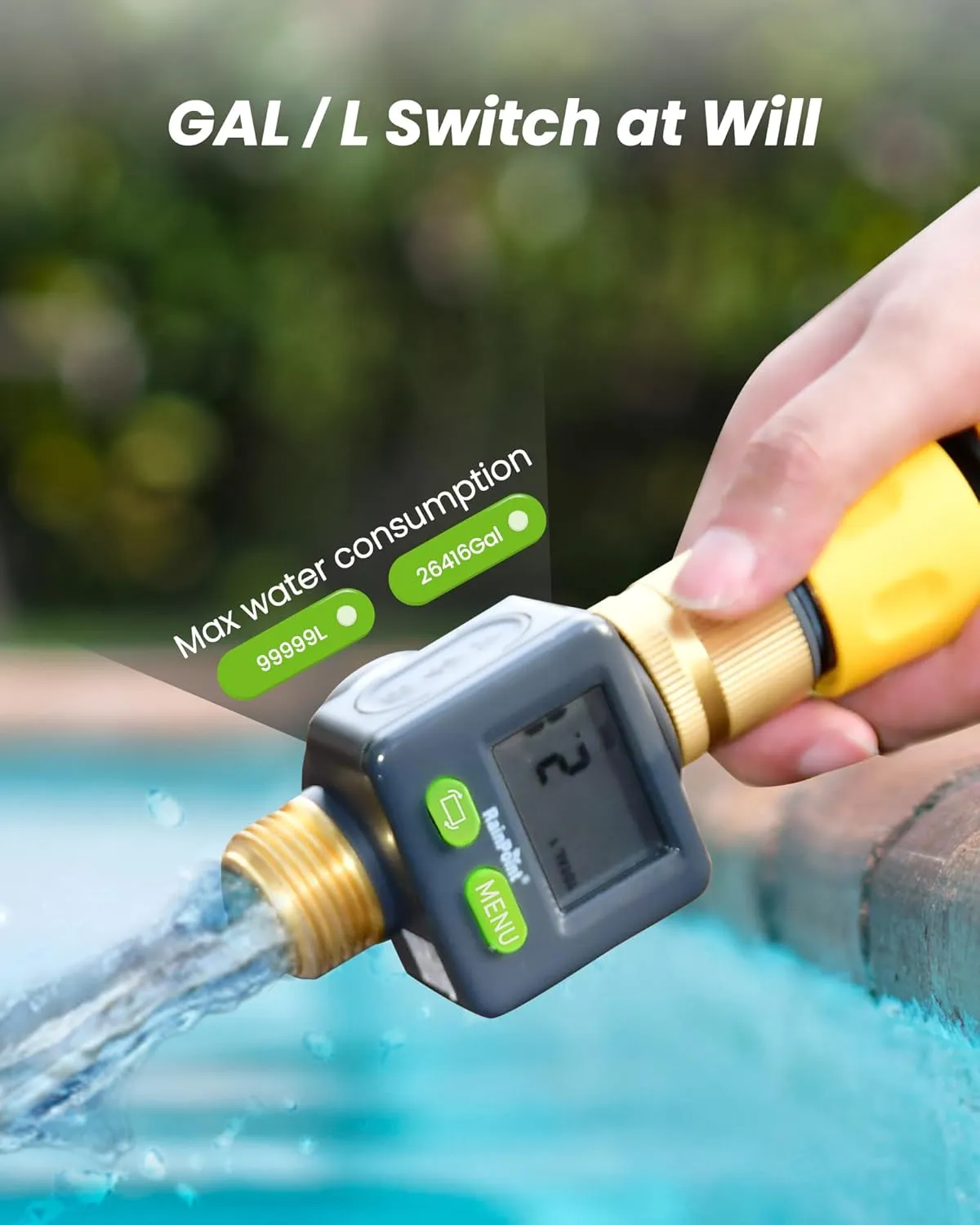 RAINPOINT Water Flow Meter with Brass Inlet & Outlet, 180° Screen-Flip Water Meter, Measure Gallon/Liter Consumption for RV Filling, Garden Watering, Sprinkler and Hoze Nozzle