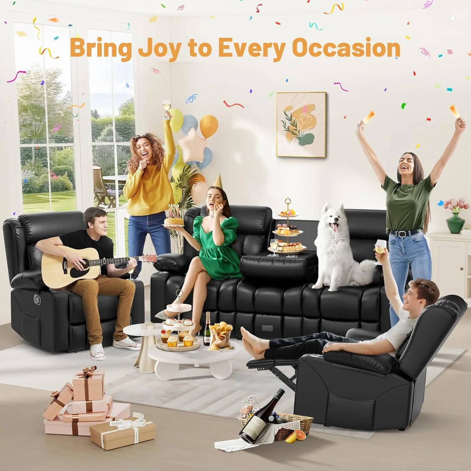 Recliner Sofa Set, Flip Middle Backrest Design PU Leather 3 Seater Reclining Sofa and 2PC Single Recliner Chair, Manual Couches for Living Room (Black, PU 3 1 1)