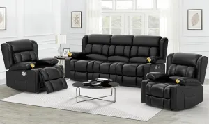 Recliner Sofa Set, Flip Middle Backrest Design PU Leather 3 Seater Reclining Sofa and 2PC Single Recliner Chair, Manual Couches for Living Room (Black, PU 3 1 1)