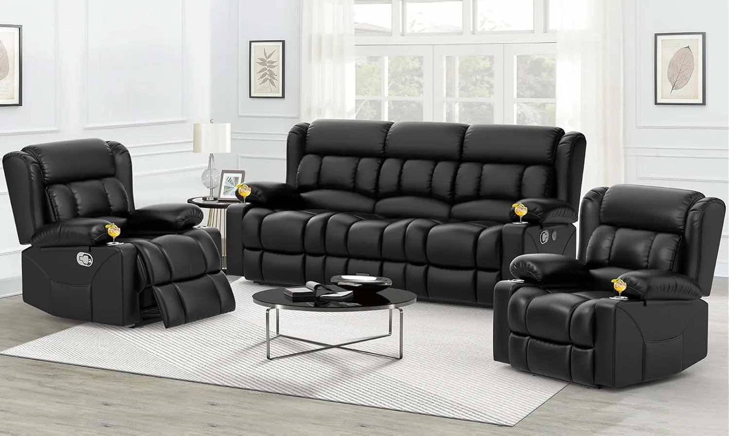 Recliner Sofa Set, Flip Middle Backrest Design PU Leather 3 Seater Reclining Sofa and 2PC Single Recliner Chair, Manual Couches for Living Room (Black, PU 3 1 1)
