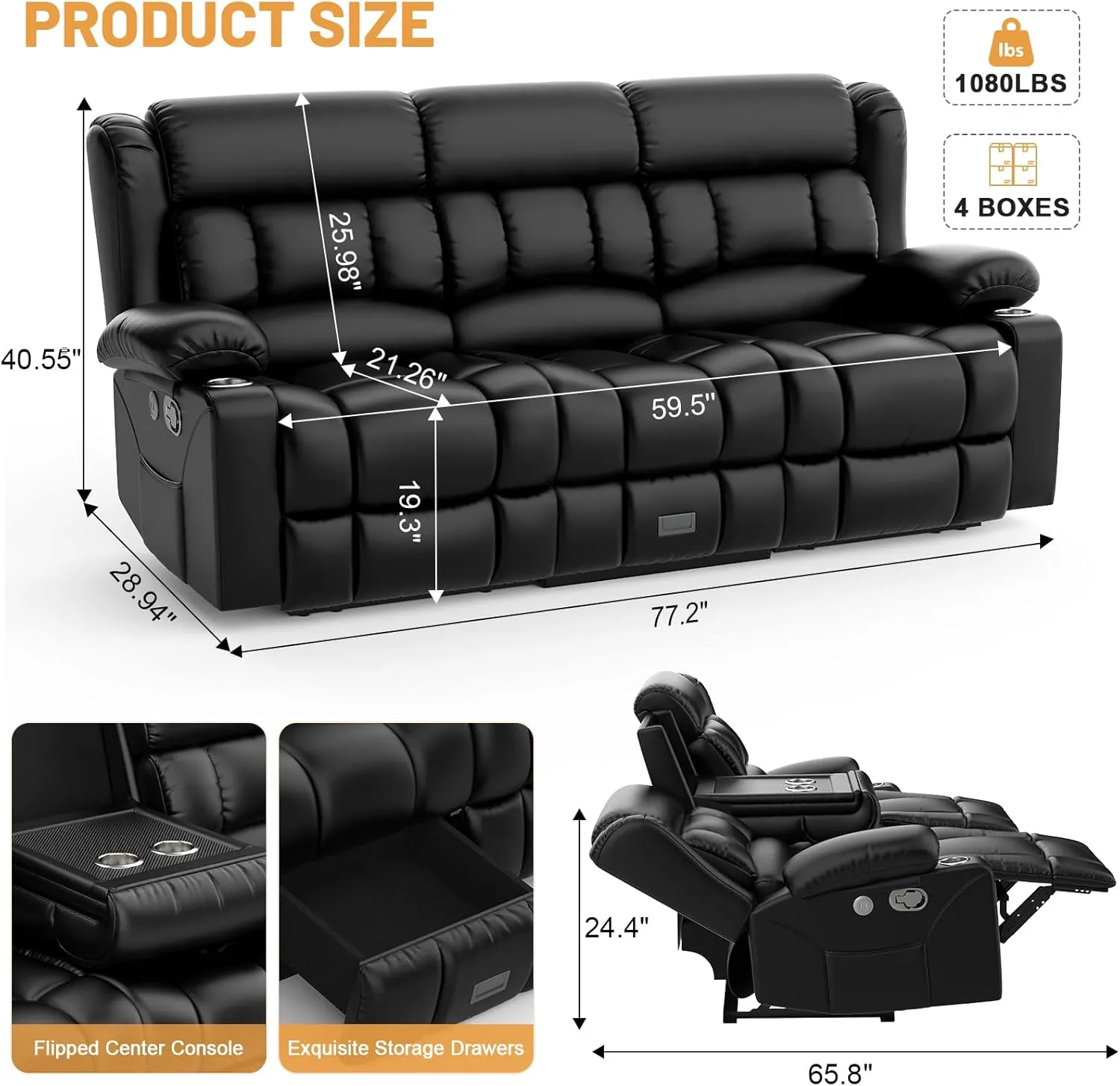 Recliner Sofa Set, Flip Middle Backrest Design PU Leather 3 Seater Reclining Sofa and 2PC Single Recliner Chair, Manual Couches for Living Room (Black, PU 3 1 1)