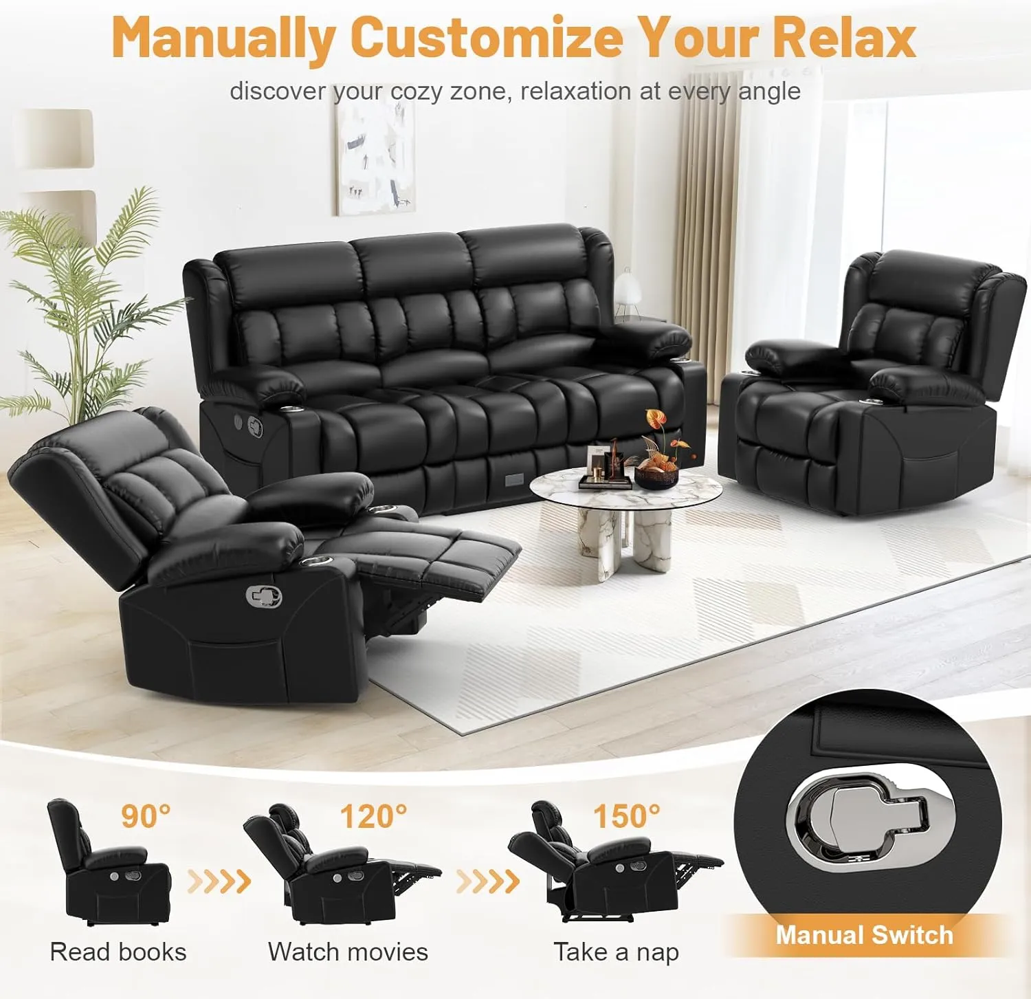 Recliner Sofa Set, Flip Middle Backrest Design PU Leather 3 Seater Reclining Sofa and 2PC Single Recliner Chair, Manual Couches for Living Room (Black, PU 3 1 1)