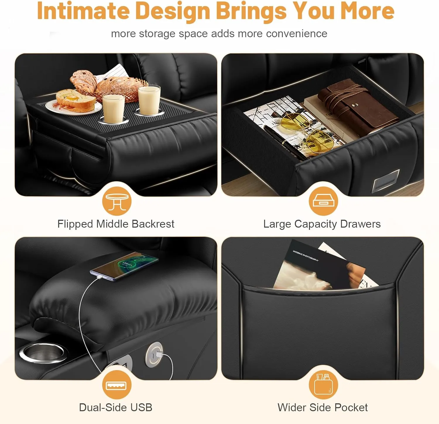 Recliner Sofa Set, Flip Middle Backrest Design PU Leather 3 Seater Reclining Sofa and 2PC Single Recliner Chair, Manual Couches for Living Room (Black, PU 3 1 1)