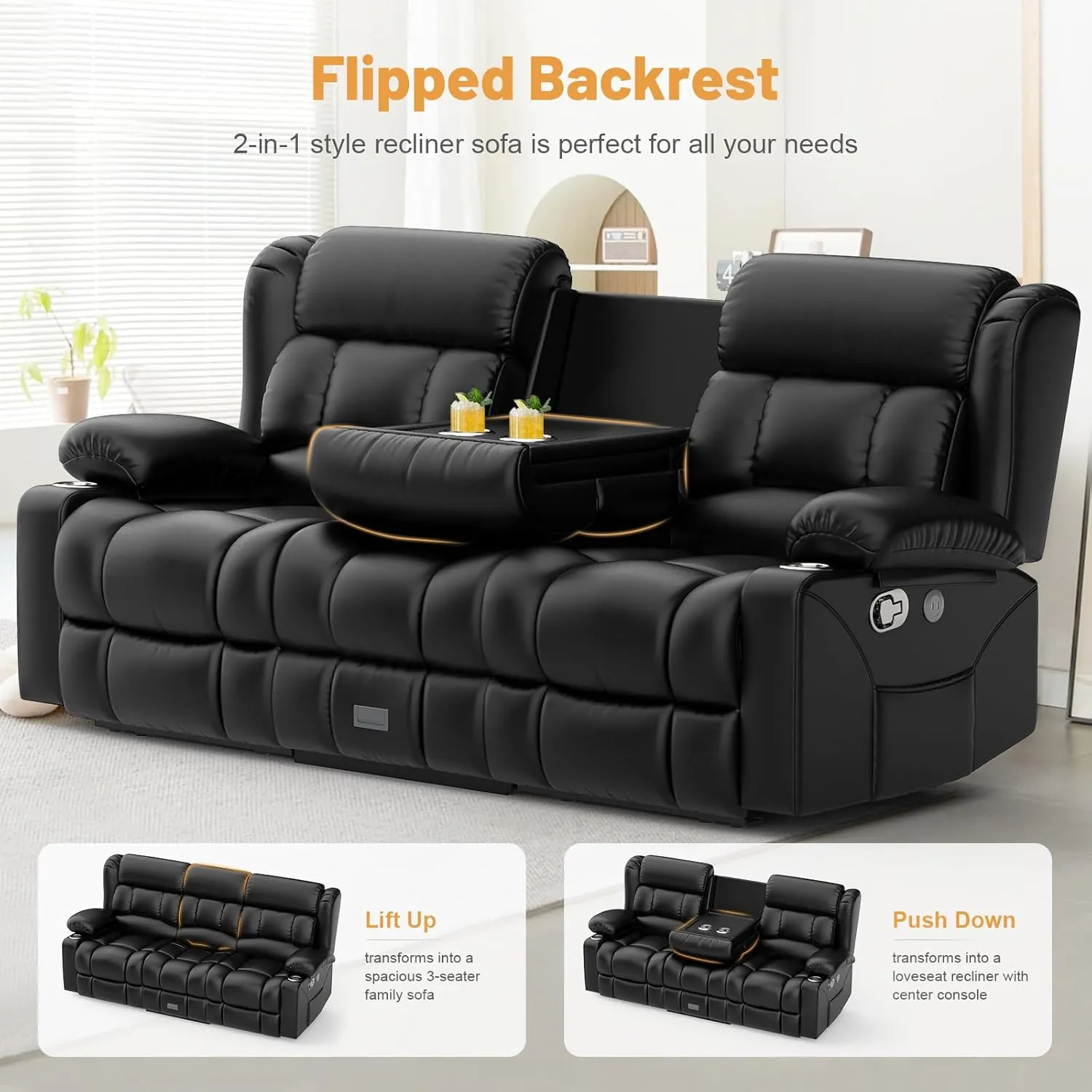 Recliner Sofa Set, Flip Middle Backrest Design PU Leather 3 Seater Reclining Sofa and 2PC Single Recliner Chair, Manual Couches for Living Room (Black, PU 3 1 1)