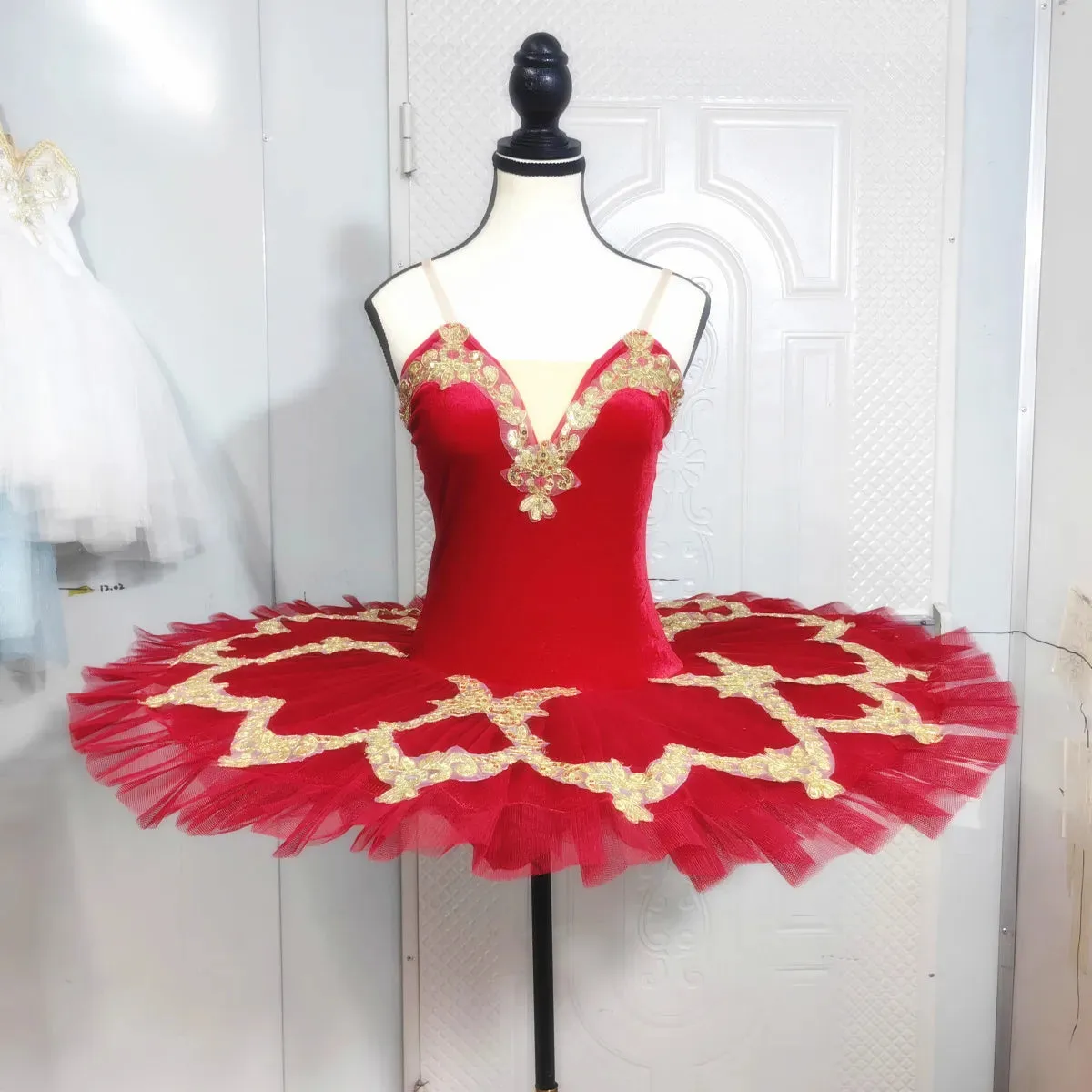 Red Ballet Tutu Skirt Velvet Top Professional Dance Costume White Swan Lake Performance Outfit