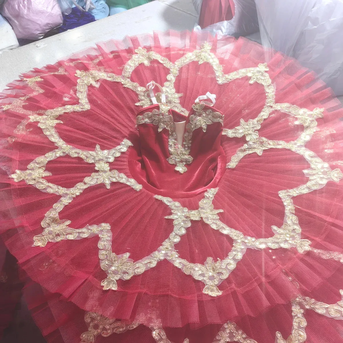 Red Ballet Tutu Skirt Velvet Top Professional Dance Costume White Swan Lake Performance Outfit