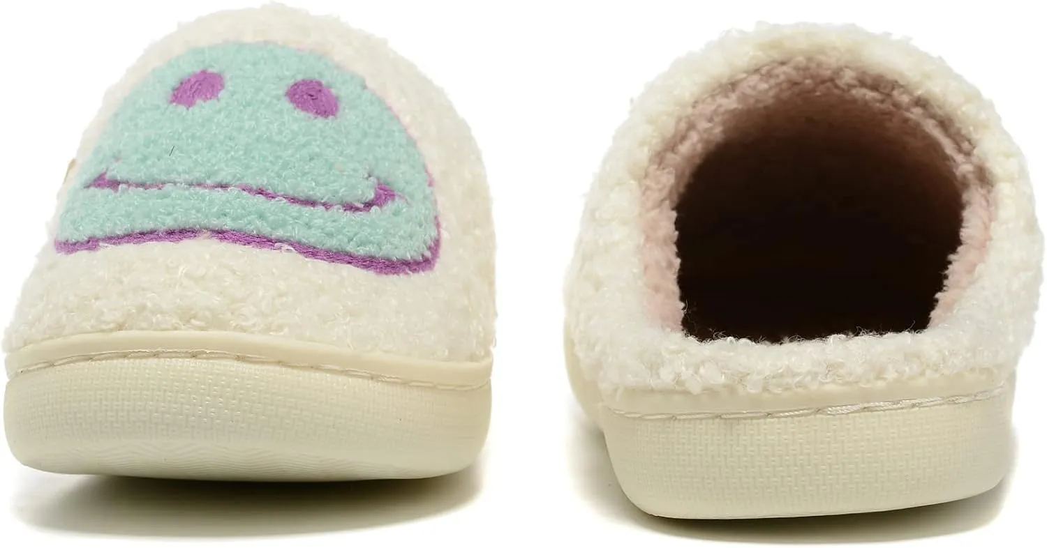 Retro Fuzzy Face Slippers for Women Men, Retro Soft Fluffy Warm Home Non-Slip Couple Style Casual Smile Face Slippers Indoor Outdoor Anti-Skid Warm Cozy Foam Slide Fuzzy Slides with Soft Memory Foam Shoes