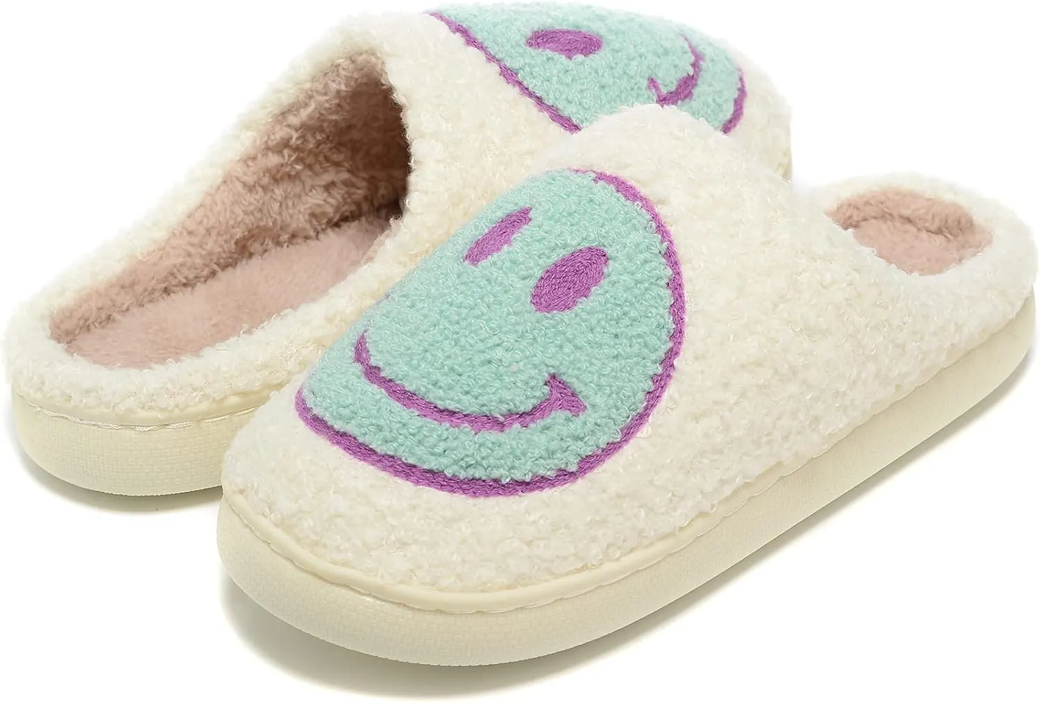 Retro Fuzzy Face Slippers for Women Men, Retro Soft Fluffy Warm Home Non-Slip Couple Style Casual Smile Face Slippers Indoor Outdoor Anti-Skid Warm Cozy Foam Slide Fuzzy Slides with Soft Memory Foam Shoes
