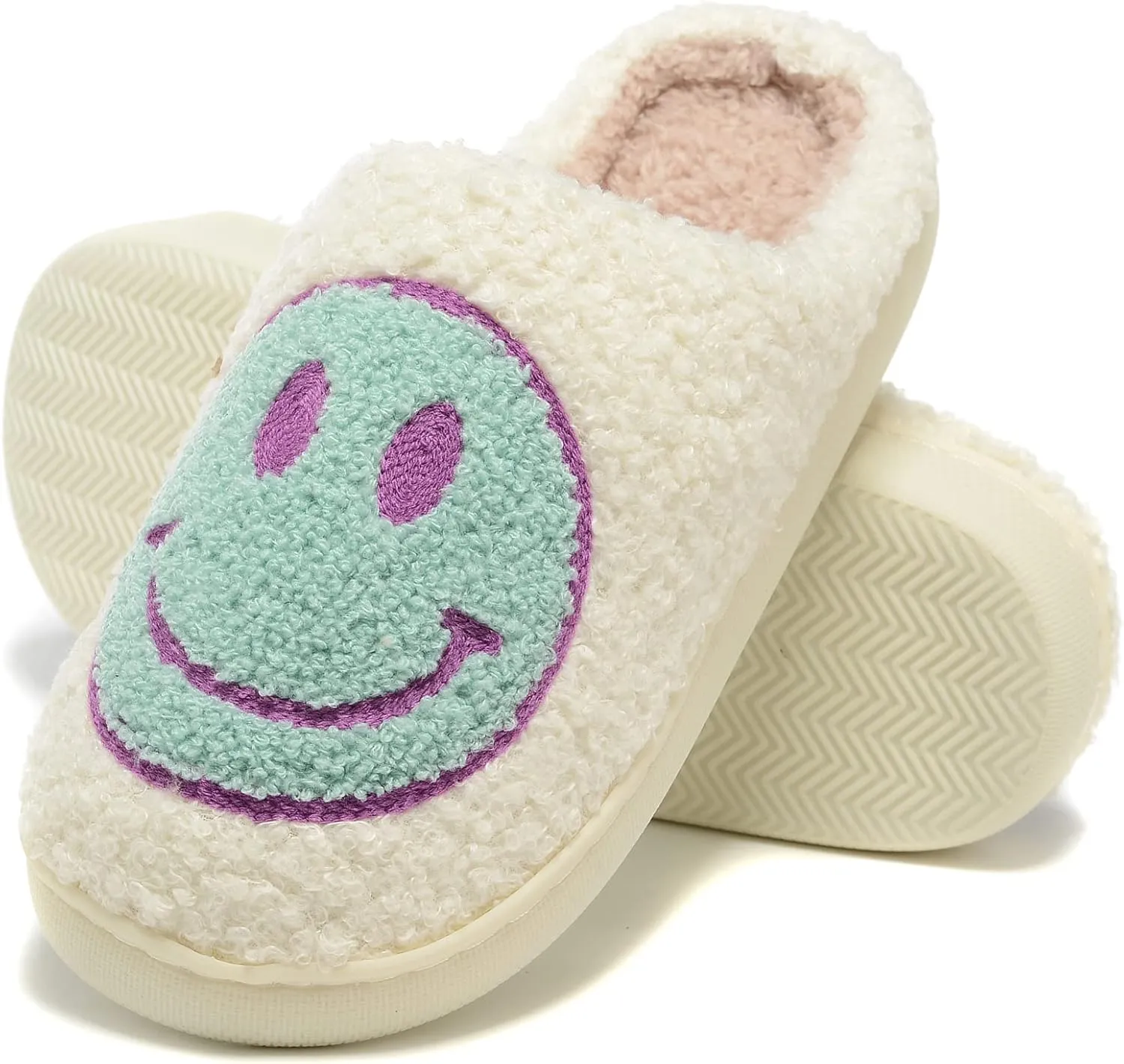 Retro Fuzzy Face Slippers for Women Men, Retro Soft Fluffy Warm Home Non-Slip Couple Style Casual Smile Face Slippers Indoor Outdoor Anti-Skid Warm Cozy Foam Slide Fuzzy Slides with Soft Memory Foam Shoes