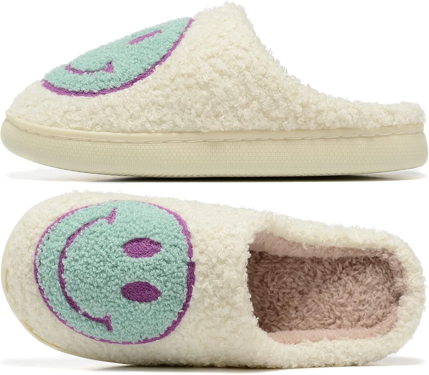 Retro Fuzzy Face Slippers for Women Men, Retro Soft Fluffy Warm Home Non-Slip Couple Style Casual Smile Face Slippers Indoor Outdoor Anti-Skid Warm Cozy Foam Slide Fuzzy Slides with Soft Memory Foam Shoes